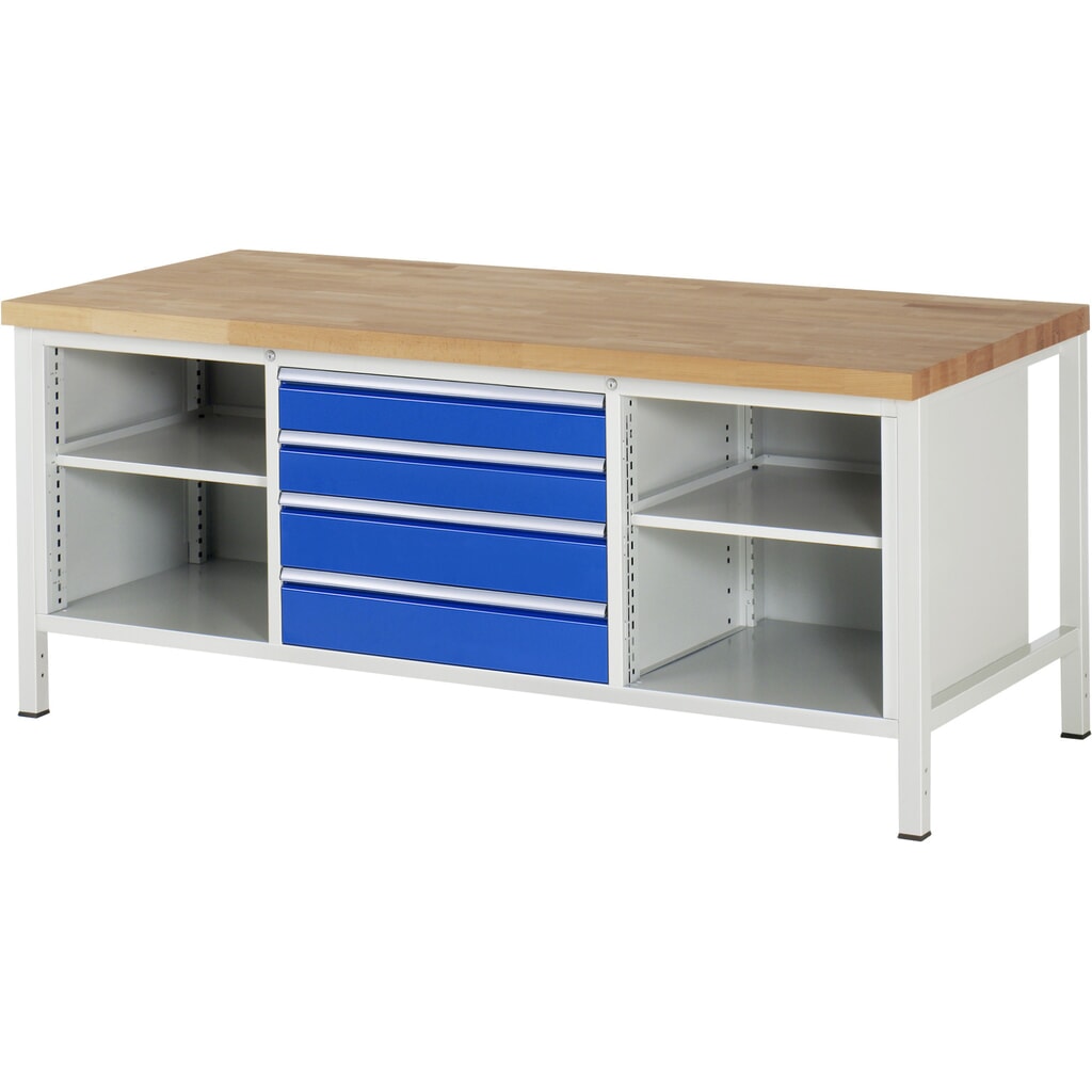 Werkbank RAU serie 8000, 1 driedubbele kast, 2 legborden, hxbxd 840-1.040 x 2.000 x 900 mm, 4 x voor 90% uittrekbare lades, draagvermogen lade 75 kg Product afbeelding: Werkbank RAU serie 8000, 1 driedubbele kast, 2 legborden, hxbxd 840-1.040 x 2.000 x 900 mm, 4 x voor 90% uittrekbare lades, draagvermogen lade 75 kg