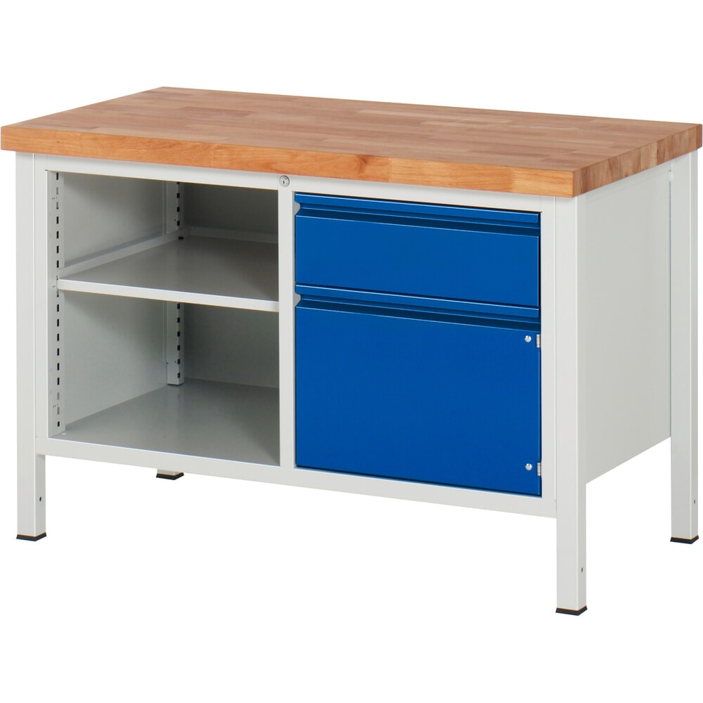 Productafbeelding nr. 1: Werkbank RAU serie 8000, 1 dubbele kast, 1 legbord, 1 draaideur, hxbxd 840-1.040 x 1.250 x 700 mm, 1 x voor 90% uittrekbare lades