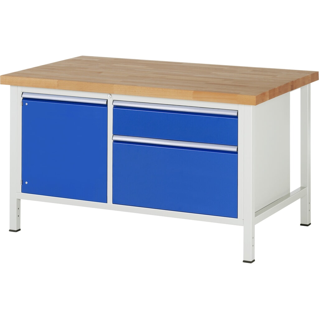 Product afbeelding: Werkbank RAU serie 8000, 1 dubbele kast, 1 legbord, 1 draaideur, hxbxd 840-1.040 x 1.500 x 900 mm, 2 x voor 90% uittrekbare lades 1 x 180, 1 x 360 mm