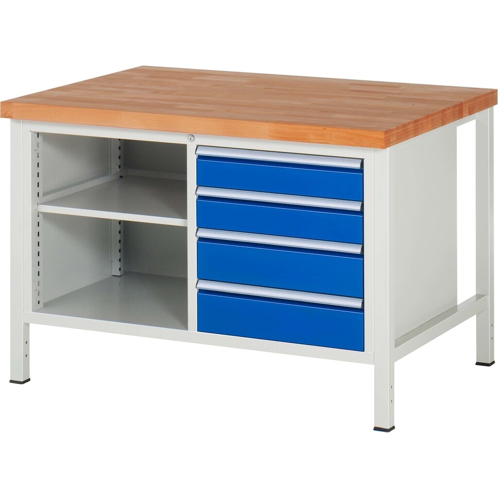 RAU werkbank serie 8000, h x b x d 840-1.040 x 1.250 x 900 mm, 1 dubbele onderbouwkast, met 4 lades Product afbeelding: RAU werkbank serie 8000, h x b x d 840-1.040 x 1.250 x 900 mm, 1 dubbele onderbouwkast, met 4 lades