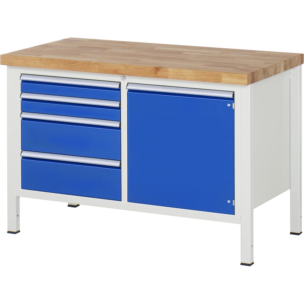 Werkbank RAU serie 8000, 1 dubbele kast, 1 draaideur, hxbxd 840 x 1.250 x 700 mm, 4 lades Product afbeelding: Werkbank RAU serie 8000, 1 dubbele kast, 1 draaideur, hxbxd 840 x 1.250 x 700 mm, 4 lades