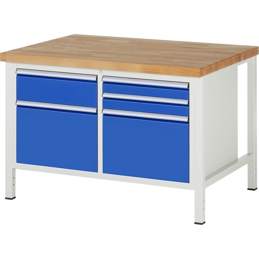 Werkbank RAU serie 8000, 1 dubbele kast, hxbxd 840-1.040 x 1.250 x 900 mm, 5 x voor 90% uittrekbare lades Productafbeelding nr. 1: Werkbank RAU serie 8000, 1 dubbele kast, hxbxd 840-1.040 x 1.250 x 900 mm, 5 x voor 90% uittrekbare lades