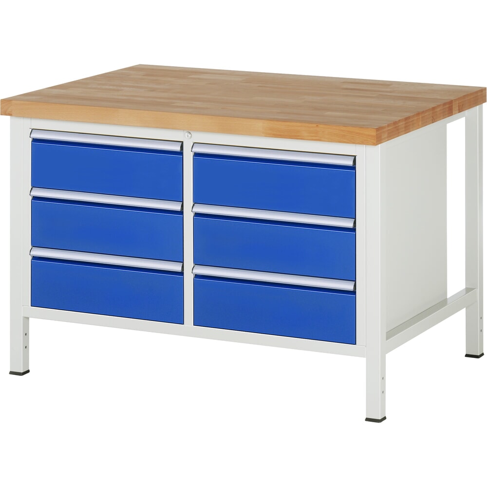 Productafbeelding nr. 1: RAU werkbank serie 8000, h x b x d 840-1.040 x 1.250 x 900 mm, 1 dubbele onderbouwkast, met 6 lades