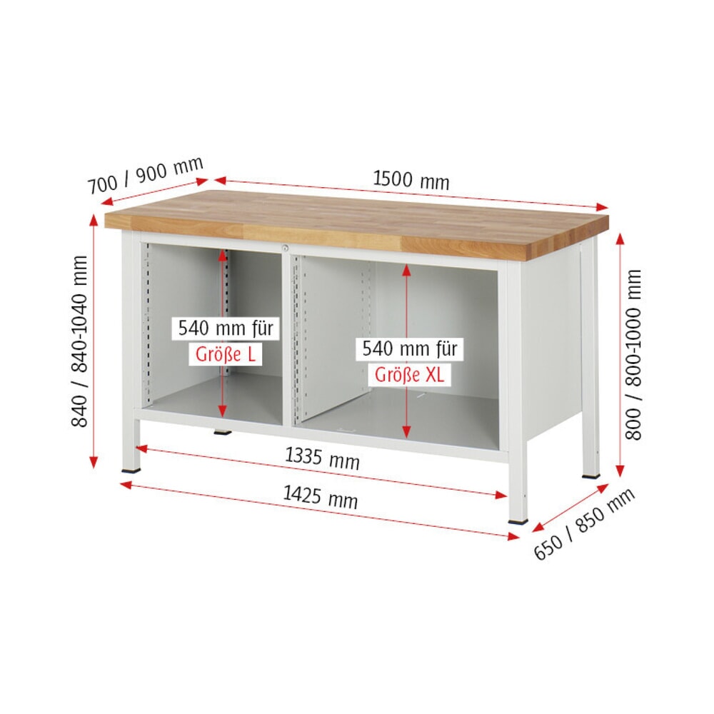 Productafbeelding nr. 9: Werkbank RAU serie 8000, 1 dubbele kast, 1 legbord, 1 draaideur, hxbxd 840-1.040 x 1.500 x 700 mm, 2 x voor 90% uittrekbare lades 1 x 180, 1 x 360 mm