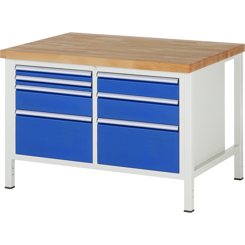 Product afbeelding: Werkbank RAU serie 8000, 1 dubbele kast, hxbxd 840-1.040 x 1.250 x 900 mm, 7 x voor 90% uittrekbare lades
