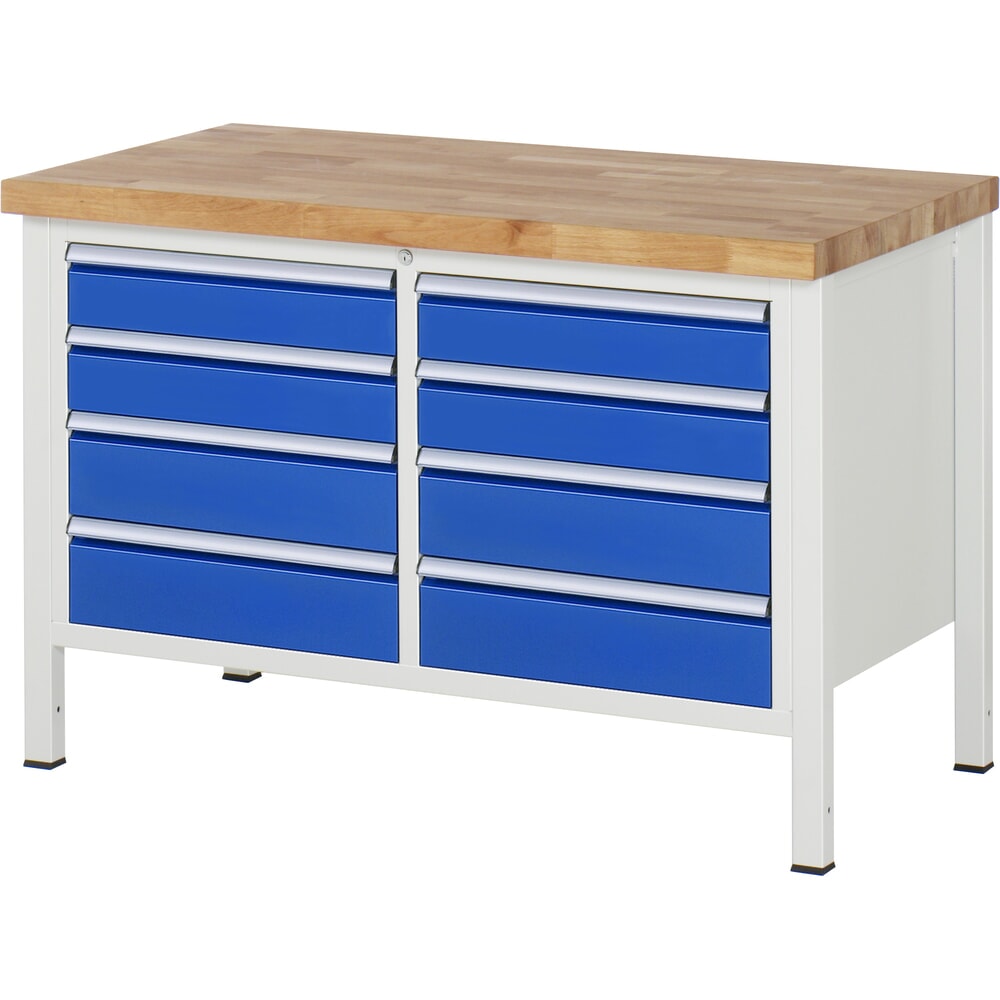 Productafbeelding nr. 1: RAU werkbank serie 8000, h x b x d 840-1.040 x 1.250 x 700 mm, 1 dubbele onderbouwkast, met 8 lades