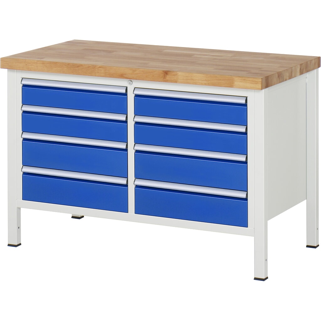 Werkbank RAU serie 8000, 1 dubbele kast, hxbxd 840 x 1.250 x 700 mm, 8 x voor 90% uittrekbare lades, 4 x 120, 4 x 150 mm, draagvermogen lade 100 kg Product afbeelding: Werkbank RAU serie 8000, 1 dubbele kast, hxbxd 840 x 1.250 x 700 mm, 8 x voor 90% uittrekbare lades, 4 x 120, 4 x 150 mm, draagvermogen lade 100 kg