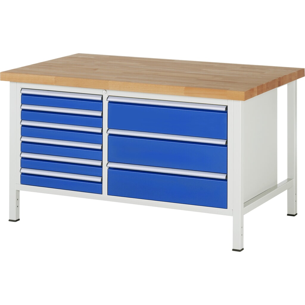 Werkbank RAU serie 8000, 1 dubbele kast, hxbxd 840-1.040 x 1.500 x 900 mm, 9 x voor 100% uittrekbare lades, 6 x 90, 3 x 180 mm, draagvermogen lade 75 / 100 kg Product afbeelding: Werkbank RAU serie 8000, 1 dubbele kast, hxbxd 840-1.040 x 1.500 x 900 mm, 9 x voor 100% uittrekbare lades, 6 x 90, 3 x 180 mm, draagvermogen lade 75 / 100 kg