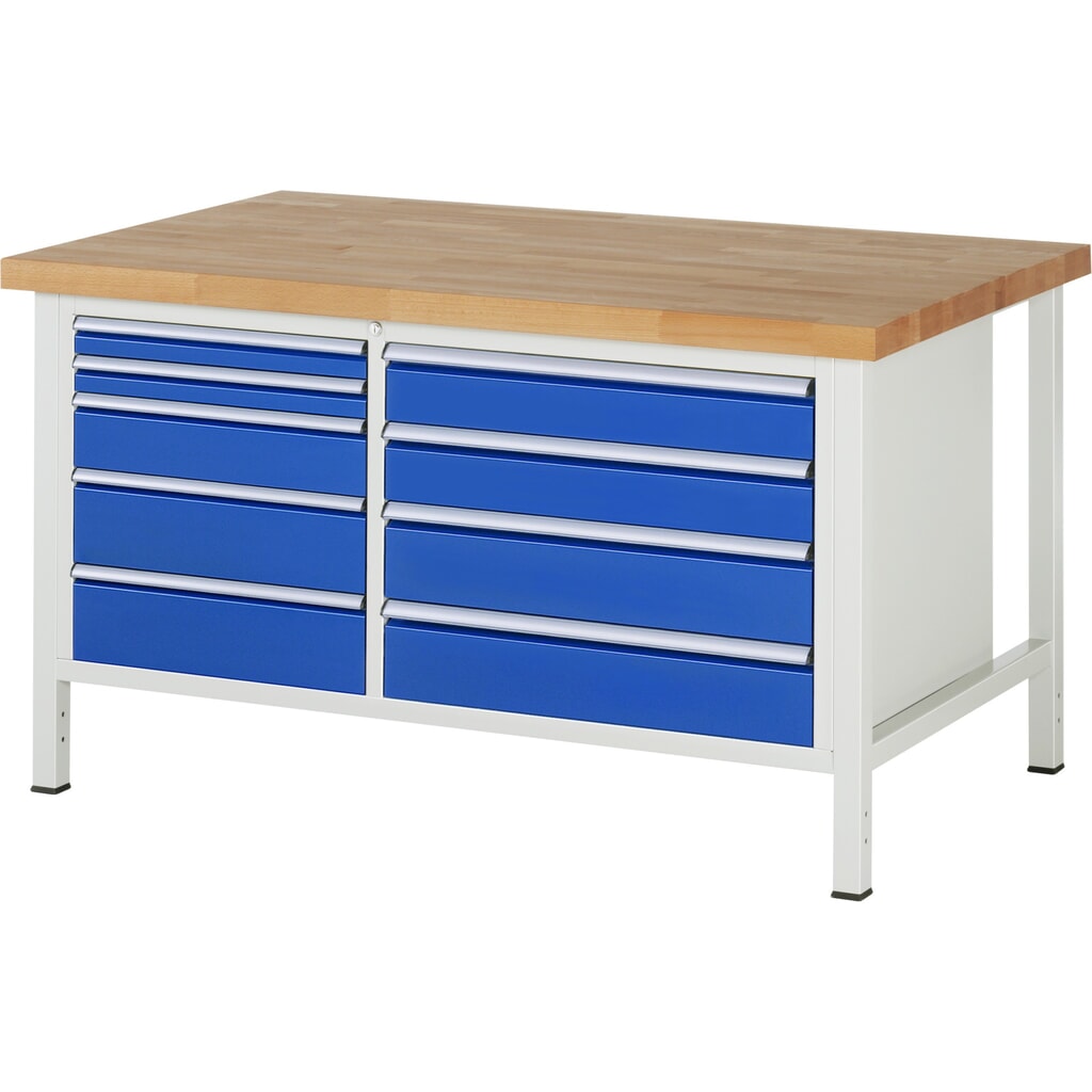 Werkbank RAU serie 8000, 1 dubbele kast, hxbxd 840-1.040 x 1.500 x 900 mm, 9 x voor 100% uittrekbare lades, 2 x 60, 3 x 120, 4 x 150 mm, draagvermogen lade 75 / 100 kg Product afbeelding: Werkbank RAU serie 8000, 1 dubbele kast, hxbxd 840-1.040 x 1.500 x 900 mm, 9 x voor 100% uittrekbare lades, 2 x 60, 3 x 120, 4 x 150 mm, draagvermogen lade 75 / 100 kg