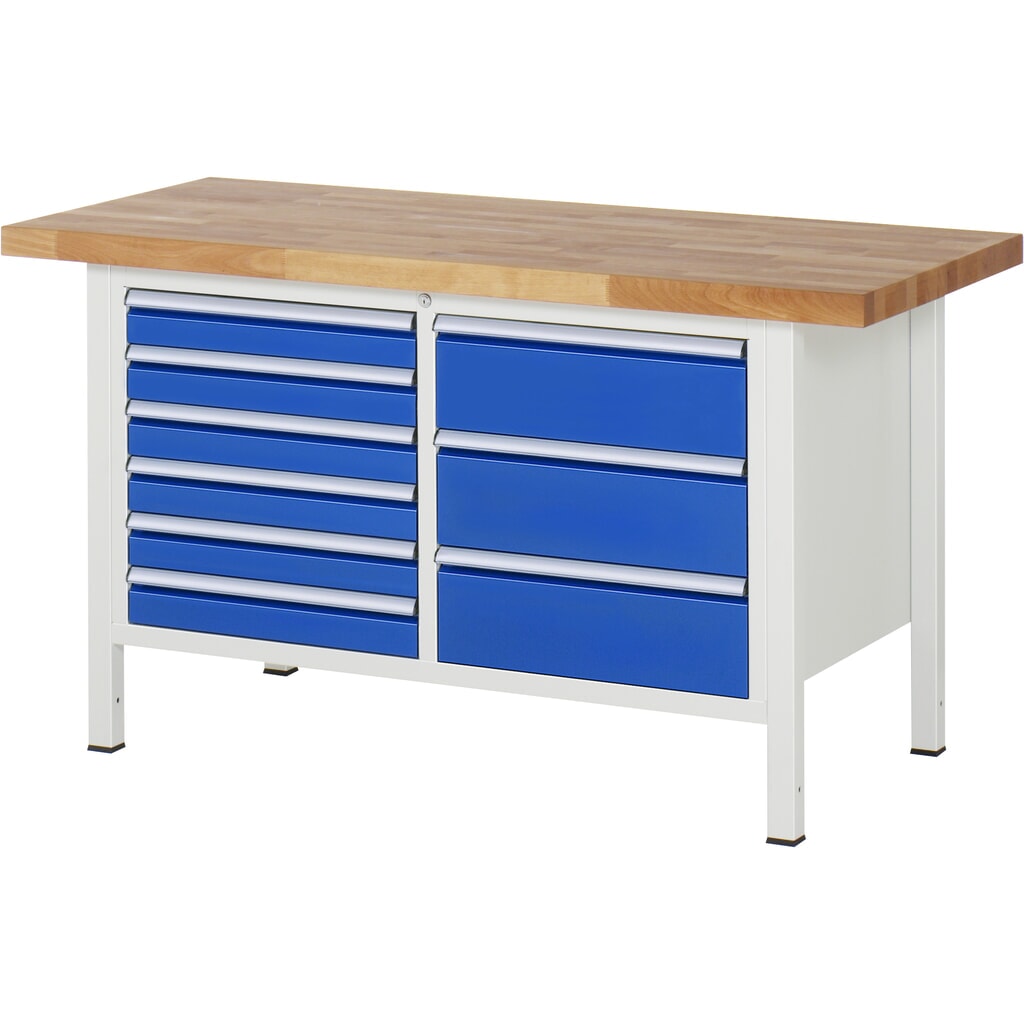 Product afbeelding: RAU werkbank serie 8000, h x b x d 840-1.040 x 1.500 x 700 mm, 1 dubbele onderbouwkast, met 9 lades