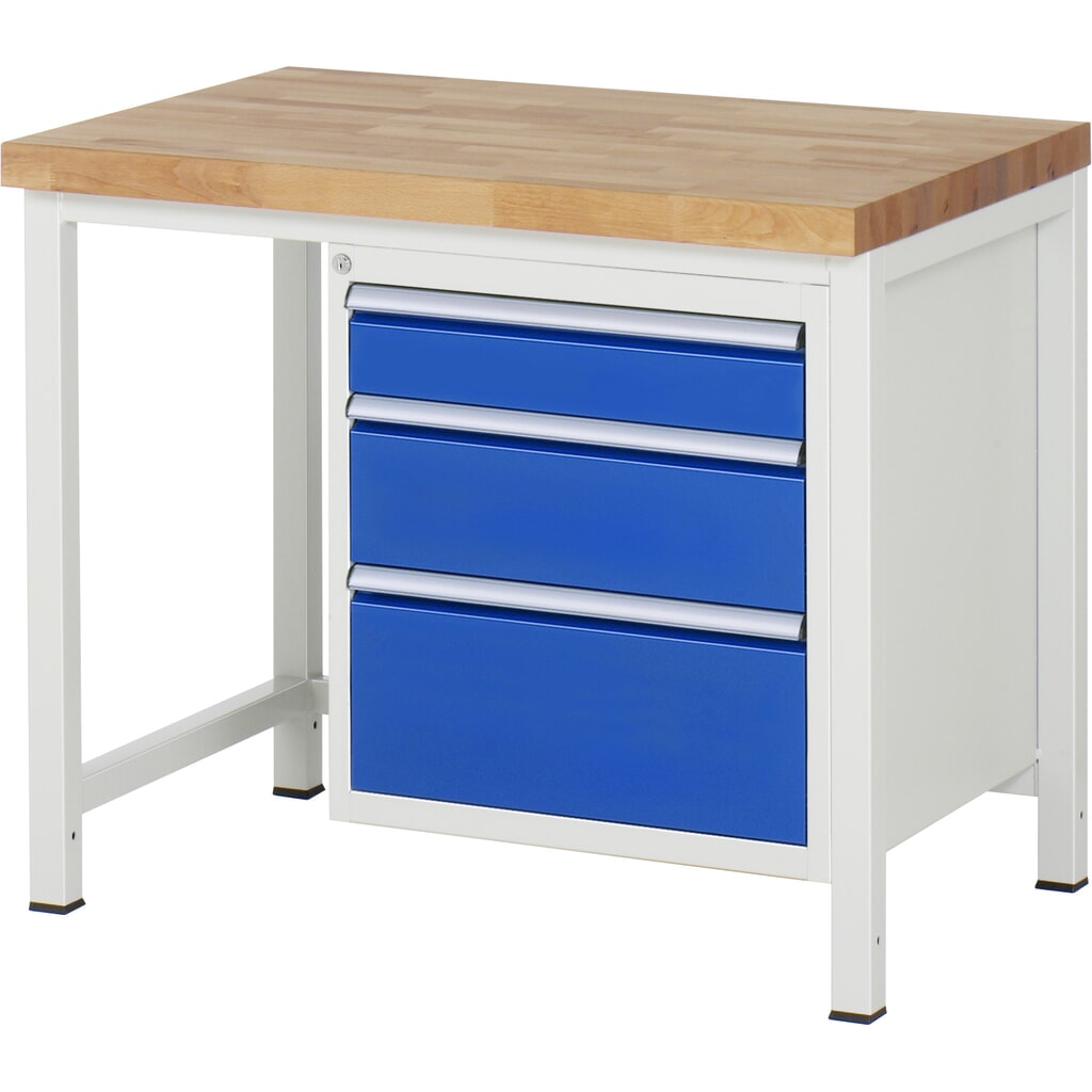 RAU werkbank serie 8000, h x b x d 840-1.040 x 1.000 x 700 mm, 1 onderbouwkast rechts, met 3 lades Product afbeelding: RAU werkbank serie 8000, h x b x d 840-1.040 x 1.000 x 700 mm, 1 onderbouwkast rechts, met 3 lades