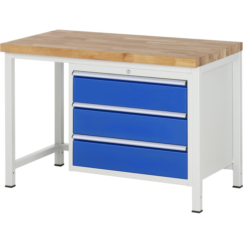 Werkbank RAU serie 8000, hxbxd 840-1.040 x 1.250 x 700 mm, 3 x voor 100% uittrekbare lades, 3 x 180 mm, draagvermogen lade 75 kg Product afbeelding: Werkbank RAU serie 8000, hxbxd 840-1.040 x 1.250 x 700 mm, 3 x voor 100% uittrekbare lades, 3 x 180 mm, draagvermogen lade 75 kg