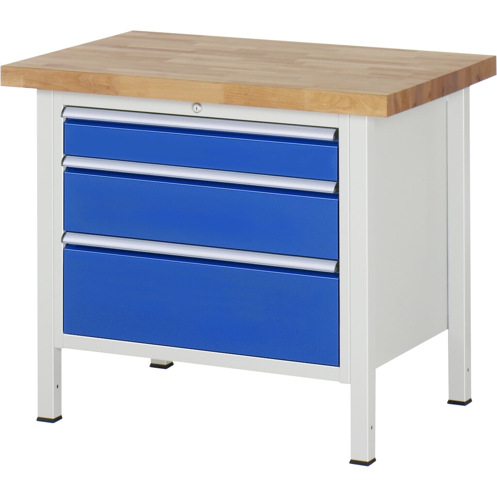 Werkbank RAU serie 8000, hxbxd 840 x 1.000 x 700 mm, 3 x voor 90% uittrekbare lades, 1 x 120, 1 x 180, 1 x 240 mm, draagvermogen lade 75 kg Product afbeelding: Werkbank RAU serie 8000, hxbxd 840 x 1.000 x 700 mm, 3 x voor 90% uittrekbare lades, 1 x 120, 1 x 180, 1 x 240 mm, draagvermogen lade 75 kg