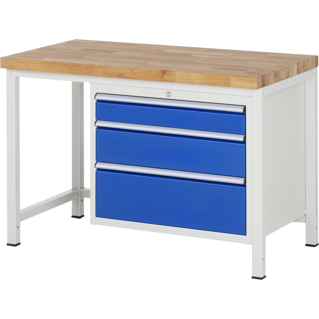 Werkbank RAU serie 8000, hxbxd 840 x 1.250 x 700 mm, 3 x voor 90% uittrekbare lades, 1 x 120, 1 x 180, 1 x 240 mm, draagvermogen lade 75 kg Product afbeelding: Werkbank RAU serie 8000, hxbxd 840 x 1.250 x 700 mm, 3 x voor 90% uittrekbare lades, 1 x 120, 1 x 180, 1 x 240 mm, draagvermogen lade 75 kg