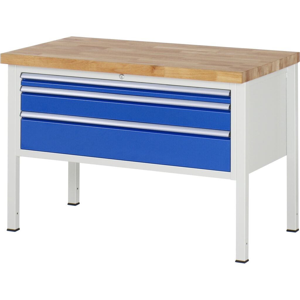 Product afbeelding: Werkbank RAU serie 8000, hxbxd 840 x 1.250 x 700 mm, 3 x voor 90% uittrekbare lades, 1 x 60, 1 x 120, 1 x 180 mm, draagvermogen lade 50 kg