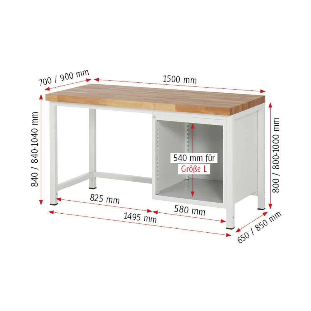 Productafbeelding nr. 8: Werkbank RAU serie 8000, hxbxd 840-1.040 x 1.500 x 700 mm, 3 x voor 100% uittrekbare lades, 3 x 180 mm, draagvermogen lade 100 kg