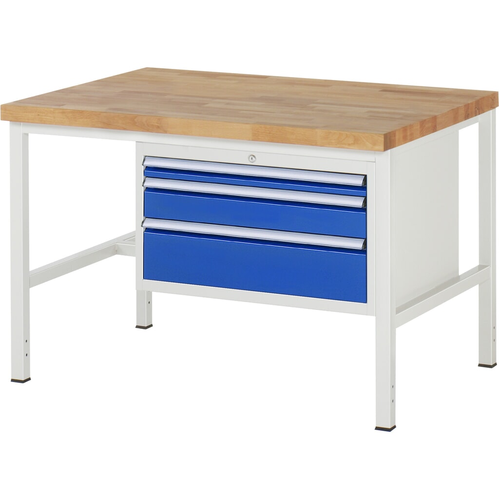 Product afbeelding: Werkbank RAU serie 8000, hxbxd 840-1.040 x 1.250 x 900 mm, 3 x voor 100% uittrekbare lades, 1 x 60, 1 x 120, 1 x 180 mm, draagvermogen lade 75 kg