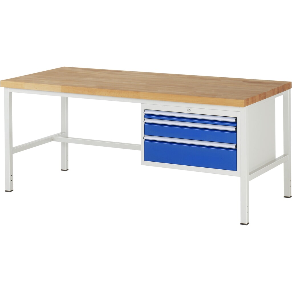 Werkbank RAU serie 8000, hxbxd 840-1.040 x 2.000 x 900 mm, 3 x voor 100% uittrekbare lades, 1 x 60, 1 x 120, 1 x 180 mm, draagvermogen lade 75 kg Product afbeelding: Werkbank RAU serie 8000, hxbxd 840-1.040 x 2.000 x 900 mm, 3 x voor 100% uittrekbare lades, 1 x 60, 1 x 120, 1 x 180 mm, draagvermogen lade 75 kg