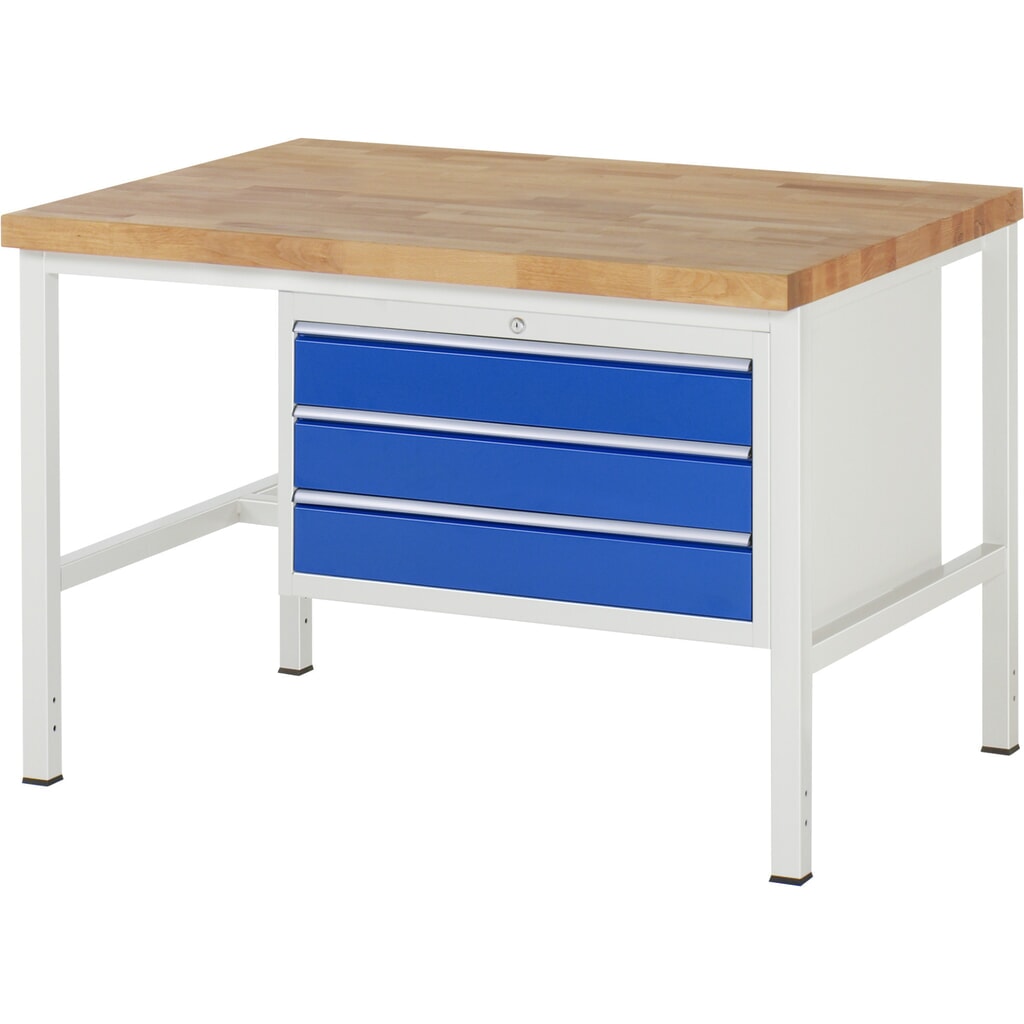 Product afbeelding: Werkbank RAU serie 8000, hxbxd 840-1.040 x 1.250 x 900 mm, 3 x voor 100% uittrekbare lades, 3 x 120 mm, draagvermogen lade 75 kg