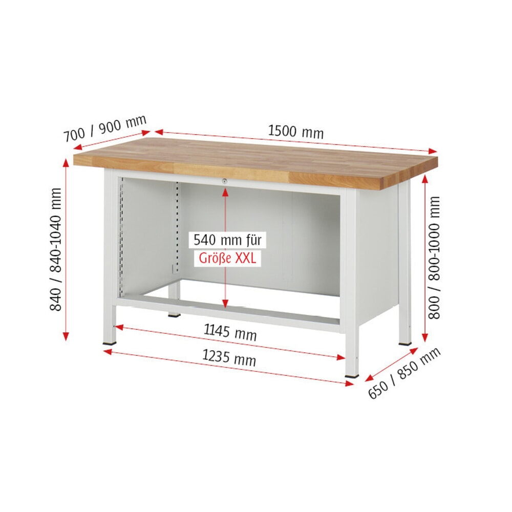 Productafbeelding nr. 8: Werkbank RAU serie 8000, hxbxd 840-1.040 x 1.500 x 700 mm, 4 x voor 90% uittrekbare lades, 2 x 120, 2 x 150 mm, draagvermogen lade 50 kg