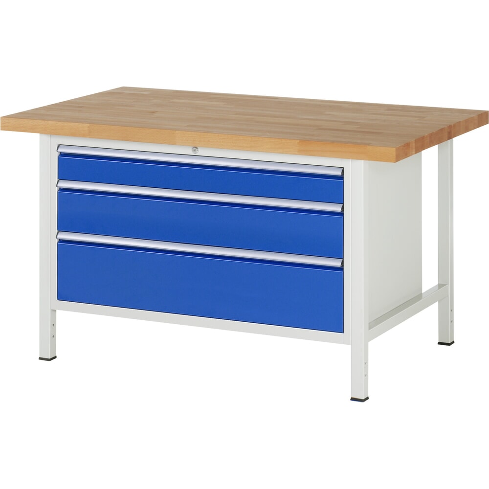 Product afbeelding: Werkbank RAU serie 8000, hxbxd 840-1.040 x 1.500 x 900 mm, 3 x voor 90% uittrekbare lades, 1 x 120, 1 x 180, 1 x 240 mm, draagvermogen lade 50 kg