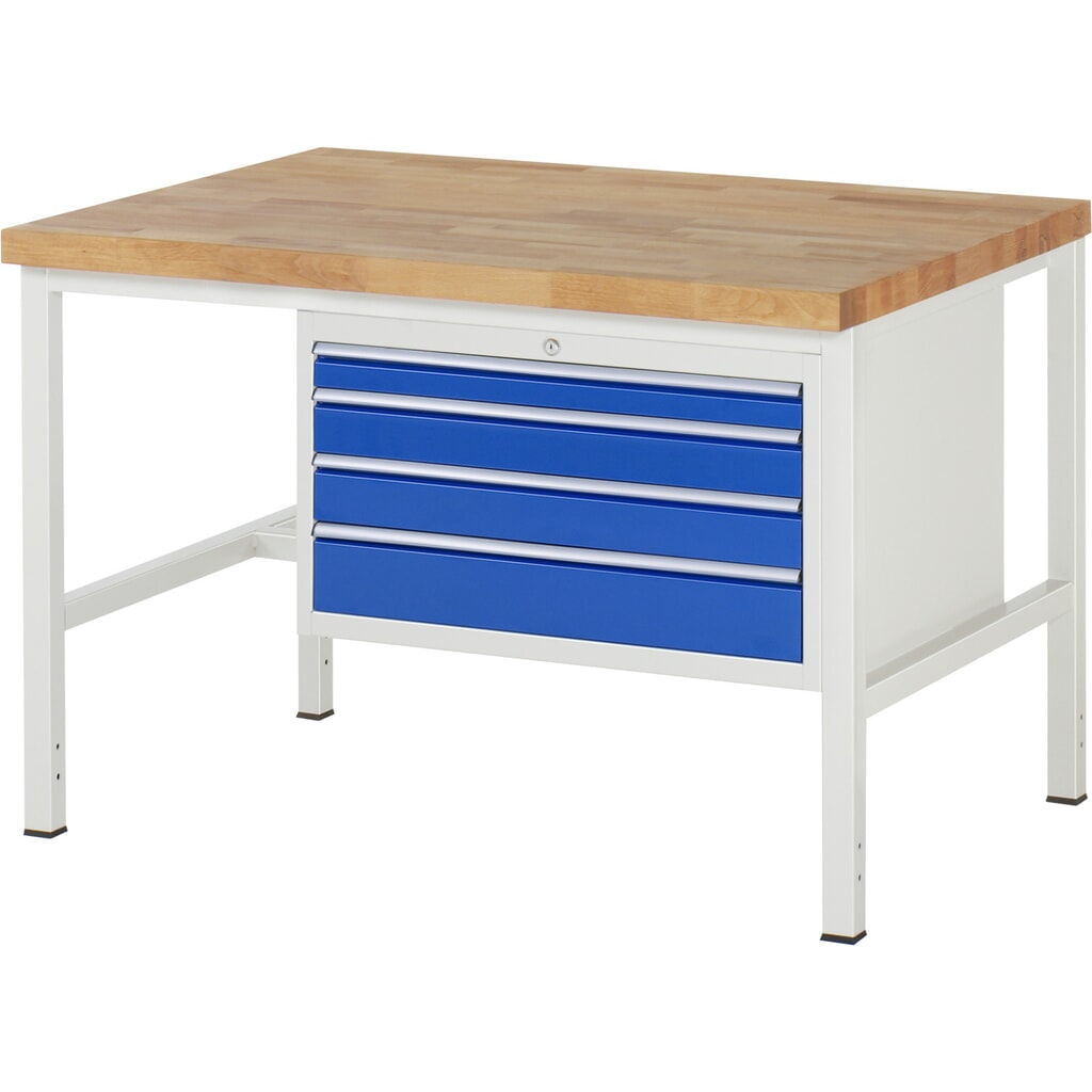 Product afbeelding: Werkbank RAU serie 8000, hxbxd 840-1.040 x 1.250 x 900 mm, 4 x voor 100% uittrekbare lades, 1 x 60, 2 x 90, 1 x 120 mm, draagvermogen lade 75 kg