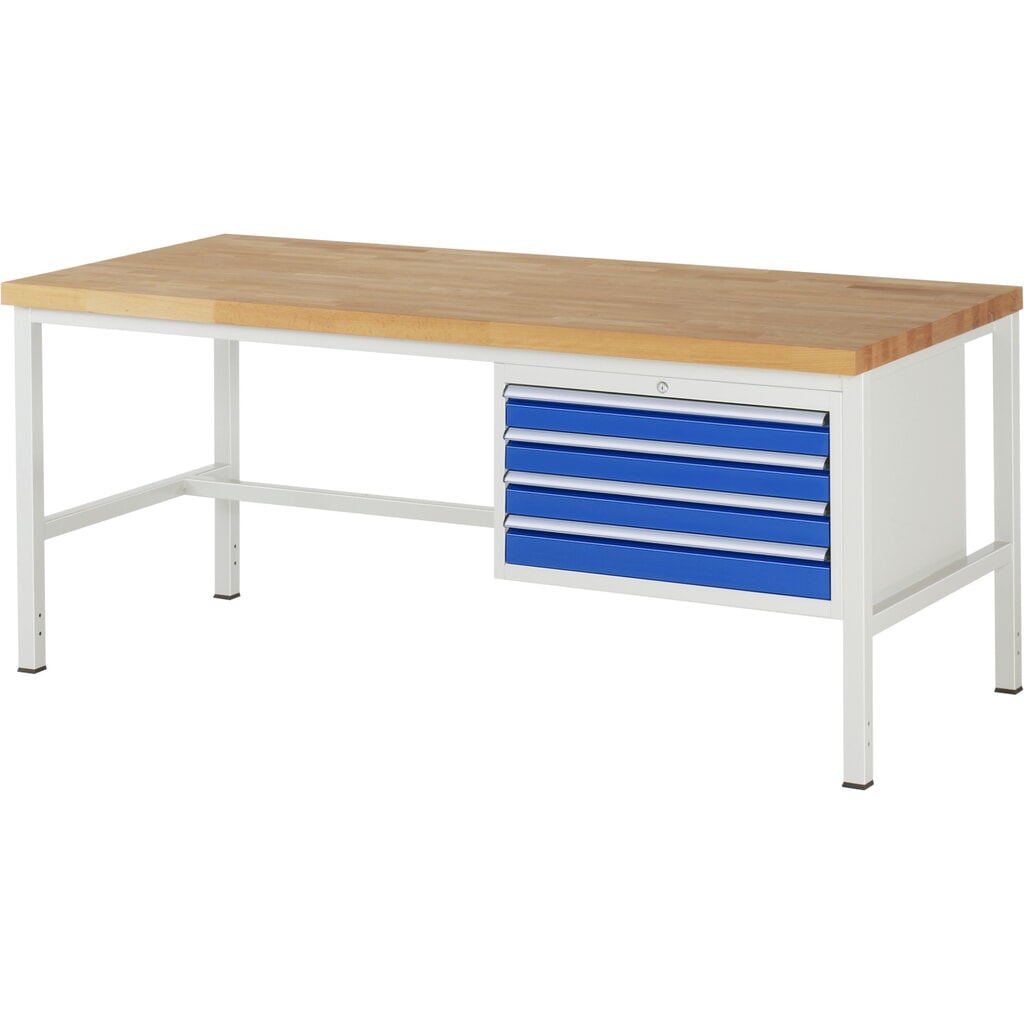 Product afbeelding: Werkbank RAU serie 8000, hxbxd 840-1.040 x 2.000 x 900 mm, 4 x voor 90% uittrekbare lades, 4 x 90 mm, draagvermogen lade 75 kg