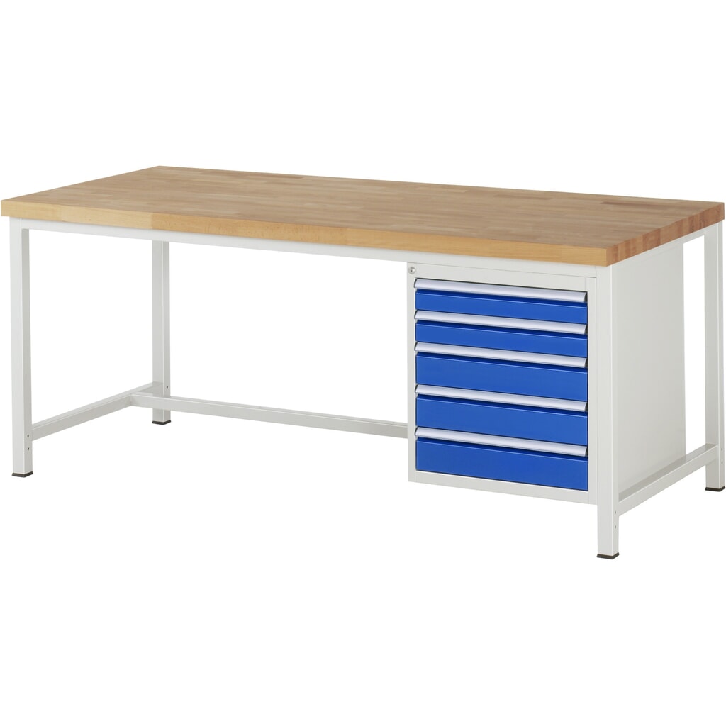 Product afbeelding: Werkbank RAU serie 8000, hxbxd 840-1.040 x 2.000 x 900 mm, 5 x voor 90% uittrekbare lades, 2 x 90, 3 x 120 mm, draagvermogen lade 100 kg