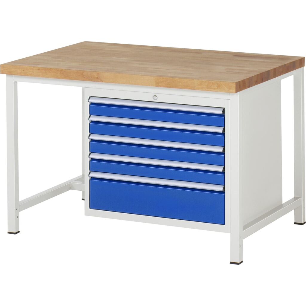 Product afbeelding: Werkbank RAU serie 8000, hxbxd 840 x 1.250 x 900 mm, 5 x voor 100% uittrekbare lades, 4 x 90, 1 x 180 mm, draagvermogen lade 75 kg