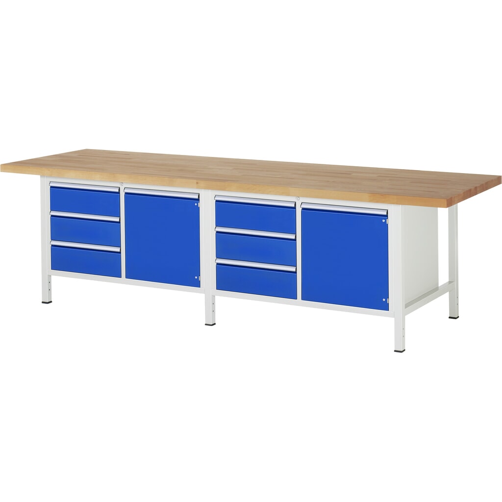 Product afbeelding: RAU werkbank serie 8000, h x b x d 840-1.040 x 3.000 x 900 mm, 2 dubbele onderbouwkasten, met telkens 3 lades en 1 openslaande deur