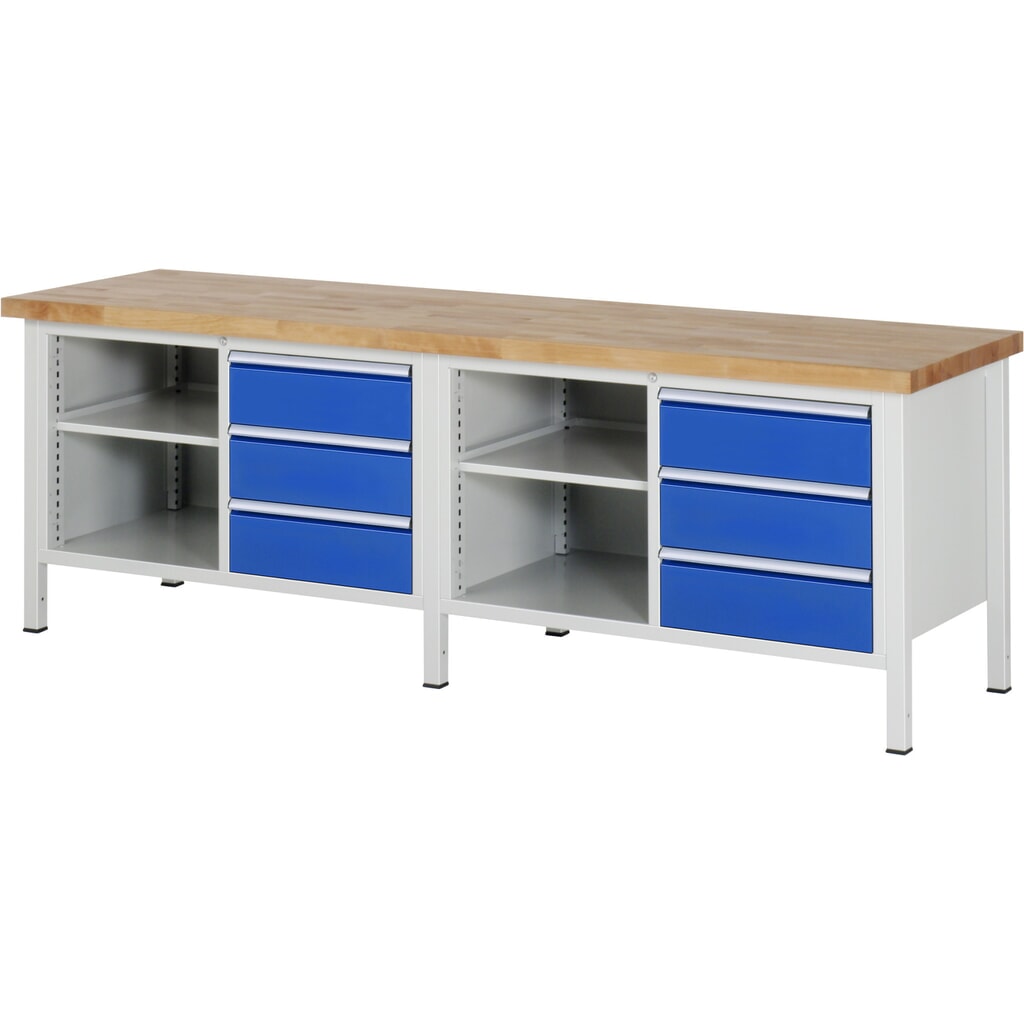 Product afbeelding: Werkbank RAU serie 8000, 2 dubbele kasten, hxbxd 840-1.040 x 2.500 x 700 mm, 6 lades, 1 legbord diepte 350 mm