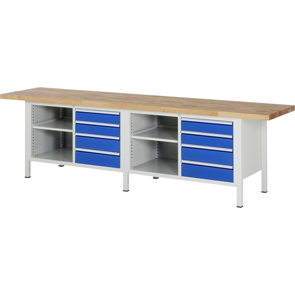 Product afbeelding: RAU werkbank serie 8000, h x b x d 840-1.040 x 3.000 x 700 mm, 2 dubbele onderbouwkasten, met telkens 4 lades