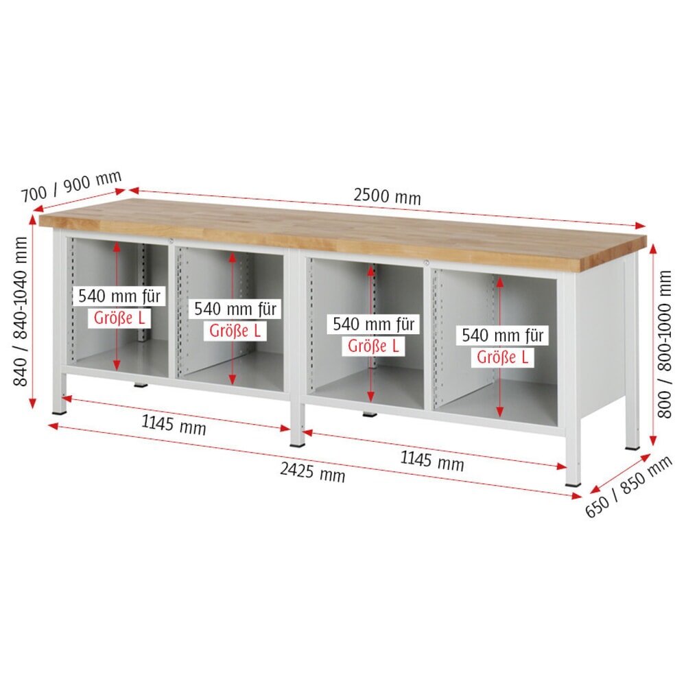 Productafbeelding nr. 7: Werkbank RAU serie 8000, 2 dubbele kasten, hxbxd 840-1.040 x 2.500 x 700 mm, 14 lades