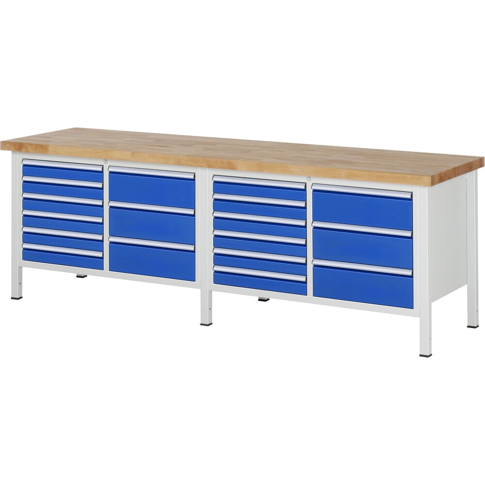 Productafbeelding nr. 1: RAU werkbank serie 8000, h x b x d 840-1.040 x 2.500 x 700 mm, 2 dubbele onderbouwkasten, met telkens 9 lades