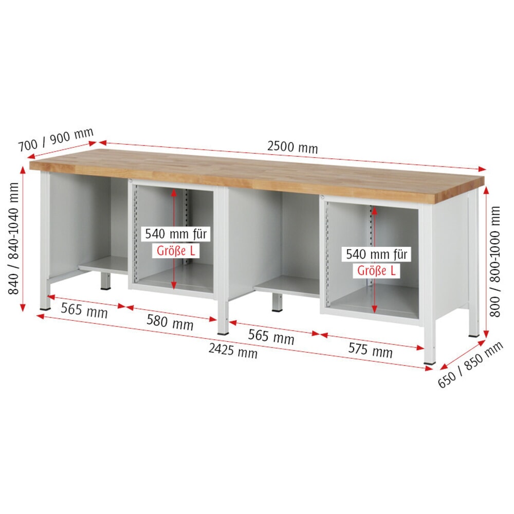 Productafbeelding nr. 7: Werkbank RAU serie 8000, 2 kasten, hxbxd 840-1.040 x 2.500 x 700 mm, 4 x voor 90% uittrekbare lades