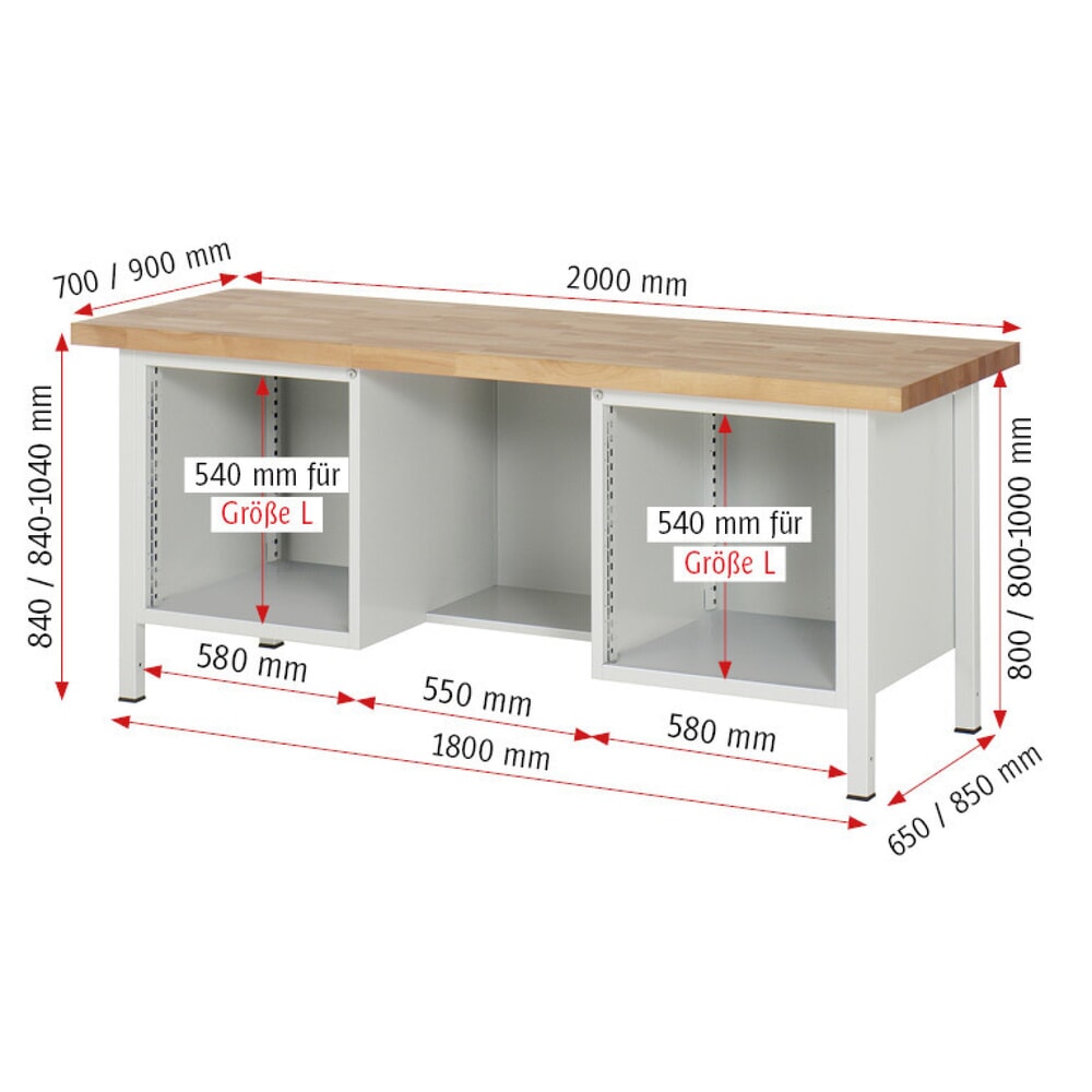 Productafbeelding nr. 10: Werkbank RAU serie 8000, 2 kasten, 1 draaideur, hxbxd 840-1.040 x 2.000 x 700 mm, 4 x voor 90% uittrekbare lades