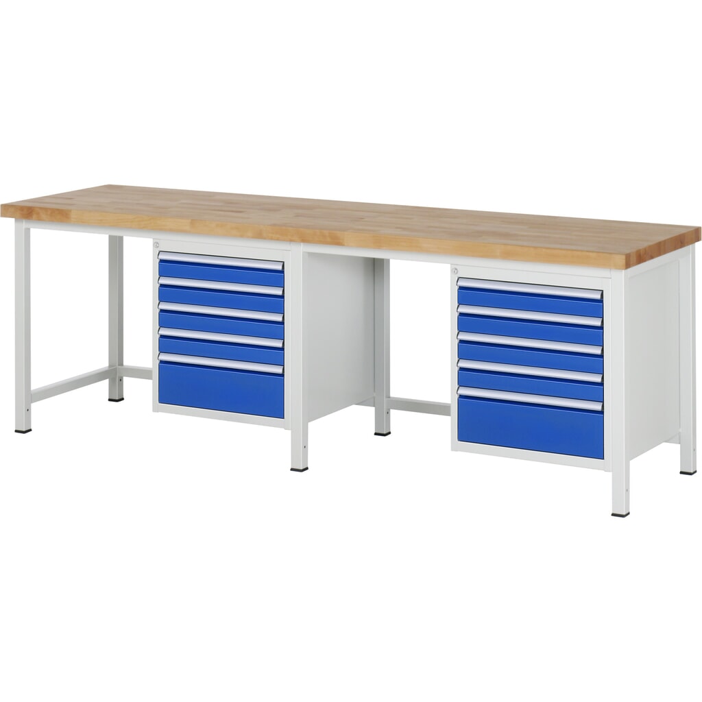 Werkbank RAU serie 8000, 2 kasten, hxbxd 840-1.040 x 2.500 x 700 mm, 10 x voor 90% uittrekbare lades 8 x 90, 2 x 180 mm Product afbeelding: Werkbank RAU serie 8000, 2 kasten, hxbxd 840-1.040 x 2.500 x 700 mm, 10 x voor 90% uittrekbare lades 8 x 90, 2 x 180 mm