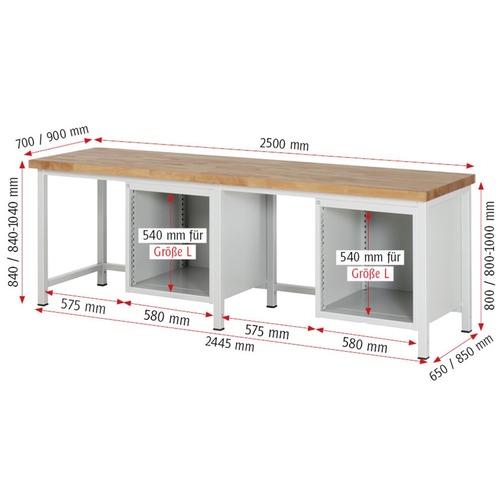 Productafbeelding nr. 7: Werkbank RAU serie 8000, 2 kasten, hxbxd 840-1.040 x 2.500 x 700 mm, 4 x voor 90% uittrekbare lades