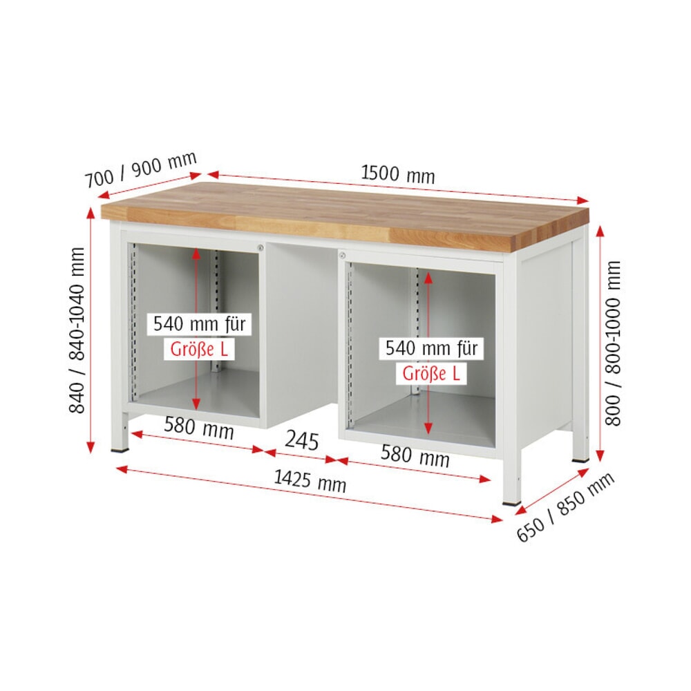 Productafbeelding nr. 7: Werkbank RAU serie 8000, 2 kasten, hxbxd 840-1.040 x 1.500 x 700 mm, 9 x voor 90% uittrekbare lades