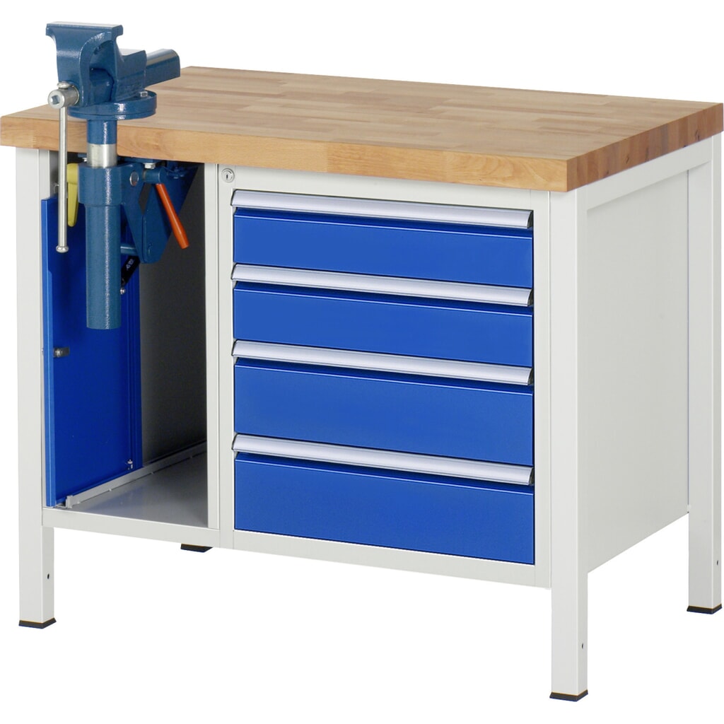 Product afbeelding: Werkbank RAU serie 8000, 2 kasten, hxbxd 840-1.040 x 1.000 x 700 mm, 4 x voor 90% uittrekbare lades 2 x 120, 2 x 150 mm, incl. bankschroef