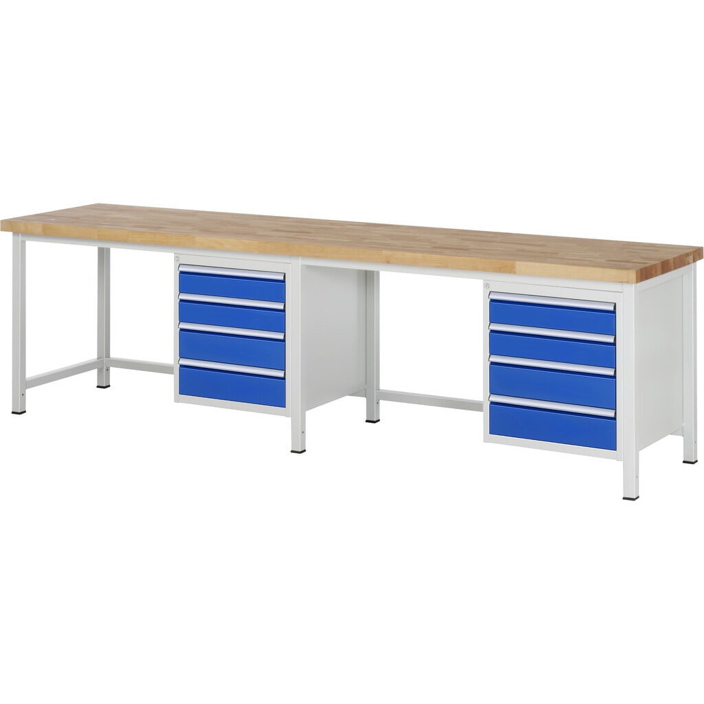 Product afbeelding: RAU werkbank serie 8000, h x b x d 840-1.040 x 3.000 x 700 mm, 2 onderbouwkasten, met telkens 4 lades