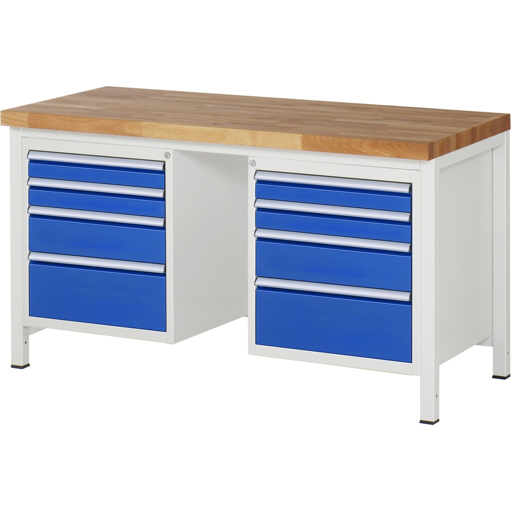 Product afbeelding: Werkbank RAU serie 8000, 2 kasten, hxbxd 840-1.040 x 1.500 x 700 mm, 8 x voor 90% uittrekbare lades 4 x 90, 2 x 150, 2 x 210 mm