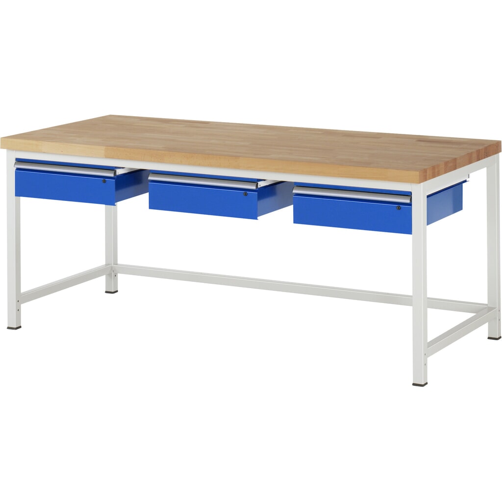 Werkbank RAU serie 8000, hxbxd 840-1.040 x 2.000 x 900 mm, 3 lades, draagvermogen lade 50 kg Product afbeelding: Werkbank RAU serie 8000, hxbxd 840-1.040 x 2.000 x 900 mm, 3 lades, draagvermogen lade 50 kg