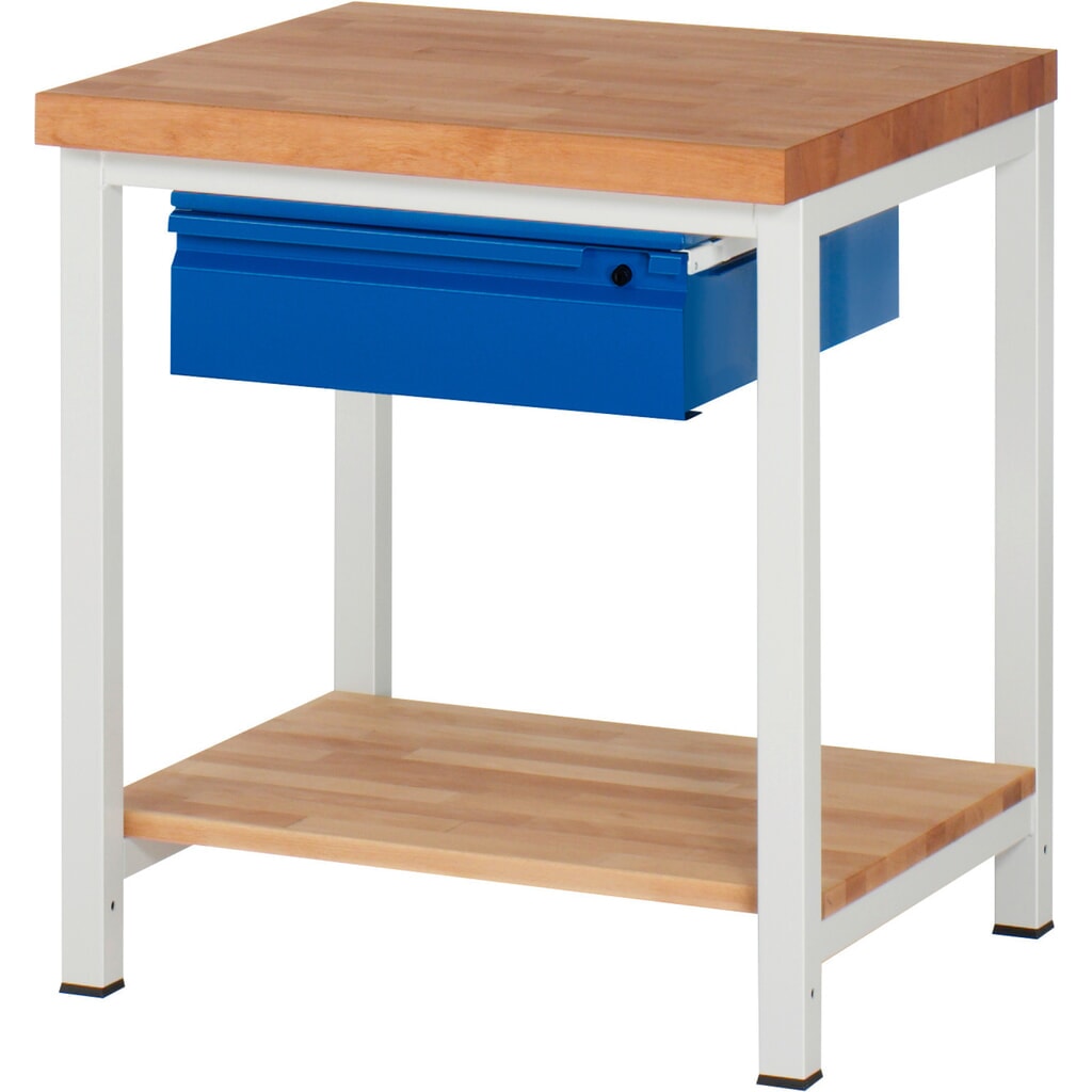 Werkbank RAU serie 8000, massief beuken werkblad, dikte 40 mm, hxbxd 840-1.040 x 750 x 700 mm, 1 lade, 1 legbord diepte 557 mm Product afbeelding: Werkbank RAU serie 8000, massief beuken werkblad, dikte 40 mm, hxbxd 840-1.040 x 750 x 700 mm, 1 lade, 1 legbord diepte 557 mm