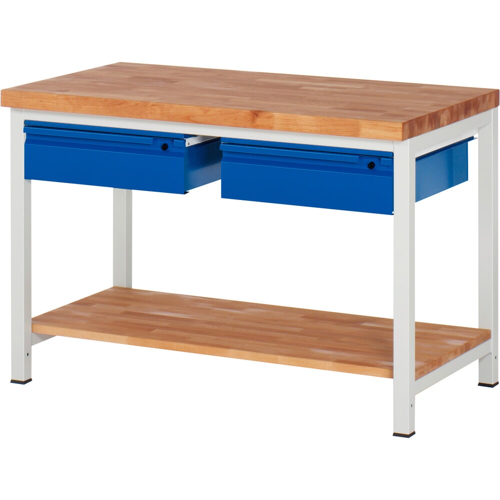 Productafbeelding nr. 1: Werkbank RAU serie 8000, massief beuken werkblad, dikte 40 mm, hxbxd 840 x 1.250 x 700 mm, 2 lades, 1 legbord diepte 557 mm