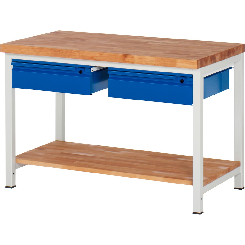 Werkbank RAU serie 8000, massief beuken werkblad, dikte 40 mm, hxbxd 840-1.040 x 1.250 x 700 mm, 2 lades, 1 legbord diepte 557 mm Product afbeelding: Werkbank RAU serie 8000, massief beuken werkblad, dikte 40 mm, hxbxd 840-1.040 x 1.250 x 700 mm, 2 lades, 1 legbord diepte 557 mm