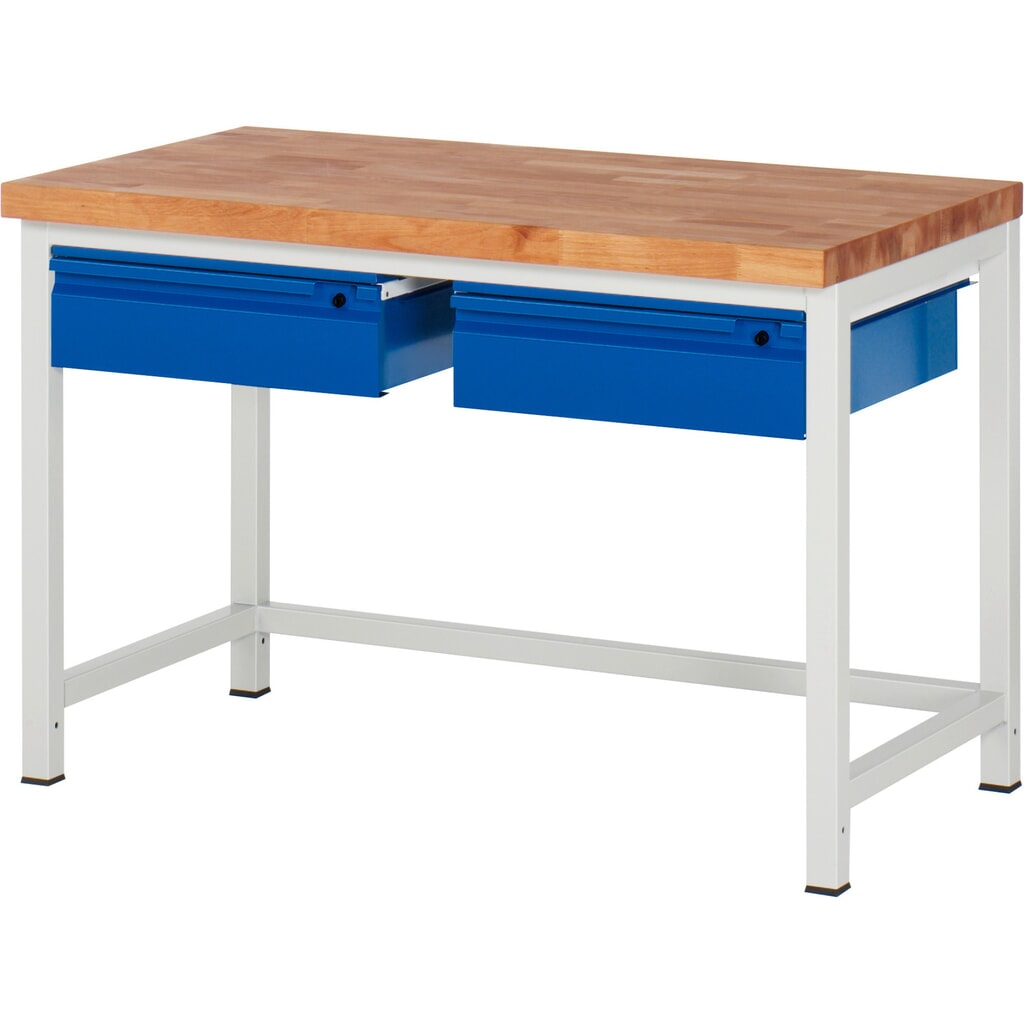 Werkbank RAU serie 8000, massief beuken werkblad, dikte 40 mm, hxbxd 840-1.040 x 1.250 x 700 mm, 2 lades 2 x 150 mm Product afbeelding: Werkbank RAU serie 8000, massief beuken werkblad, dikte 40 mm, hxbxd 840-1.040 x 1.250 x 700 mm, 2 lades 2 x 150 mm