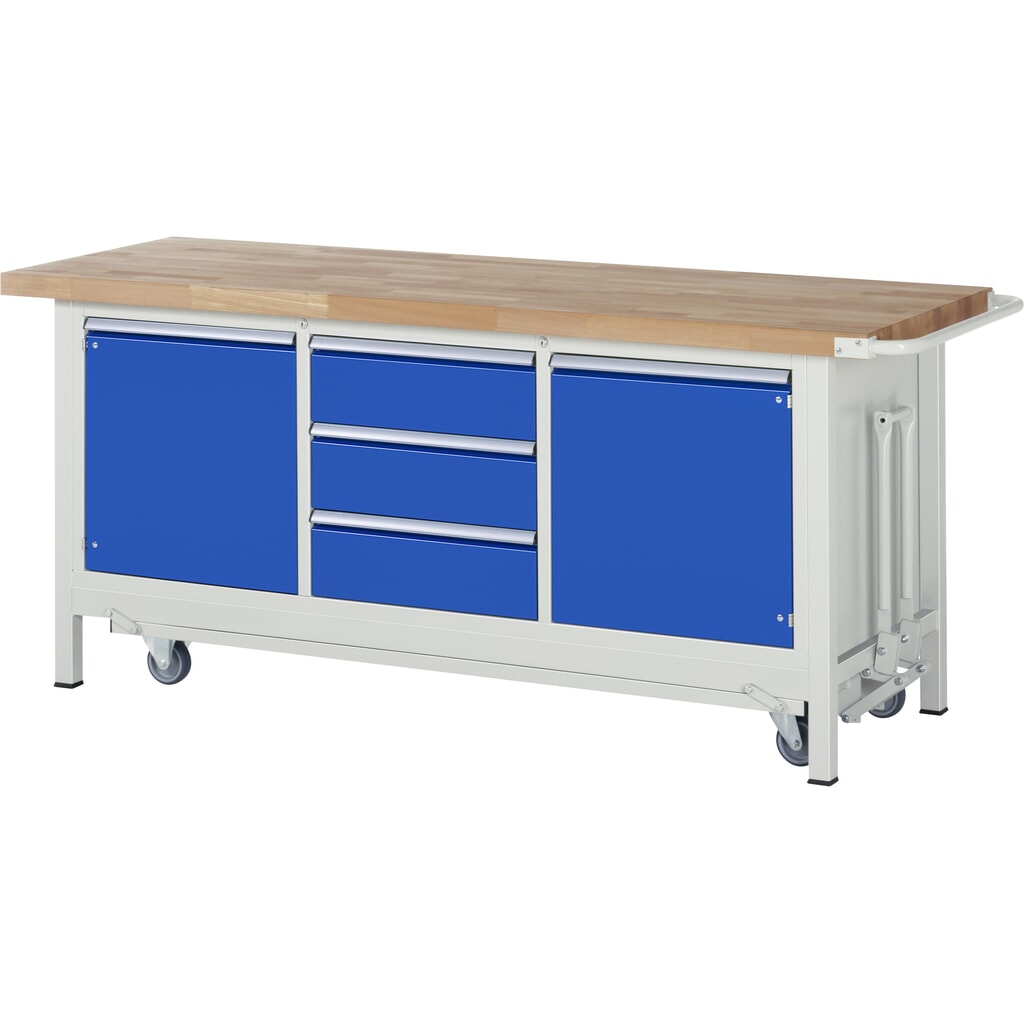 Product afbeelding: RAU werkbank met dolly serie 8000, h x b x d 880 x 2.000 x 700 mm, 1 driedubbele onderbouwkast, met 3 lades en 2 openslaande deuren