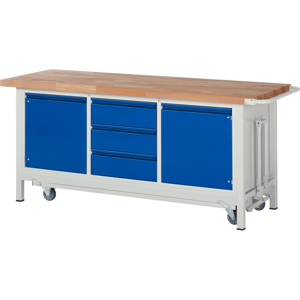 Productafbeelding nr. 1: Werkbank RAU serie 8000 met neerlaatbaar onderstel, 1 driedubbele kast, hxbxd 880 x 2.000 x 700 mm, 3 x voor 90% uittrekbare lades, 1 legbord, 2 draaideuren