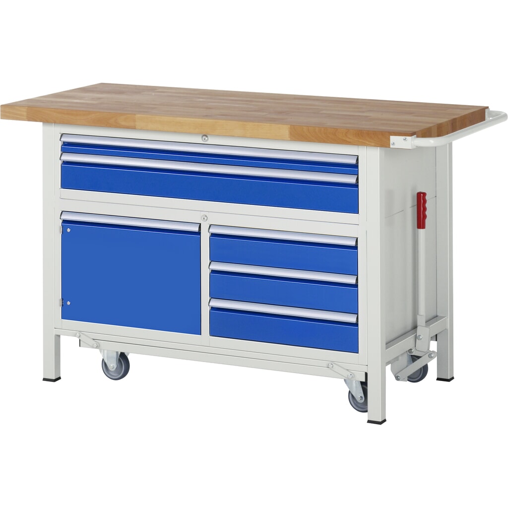 RAU werkbank met dolly serie 8000, h x b x d 920 x 1.500 x 700 mm, 1 driedubbele onderbouwkast, met 5 lades en 1 openslaande deur Product afbeelding: RAU werkbank met dolly serie 8000, h x b x d 920 x 1.500 x 700 mm, 1 driedubbele onderbouwkast, met 5 lades en 1 openslaande deur